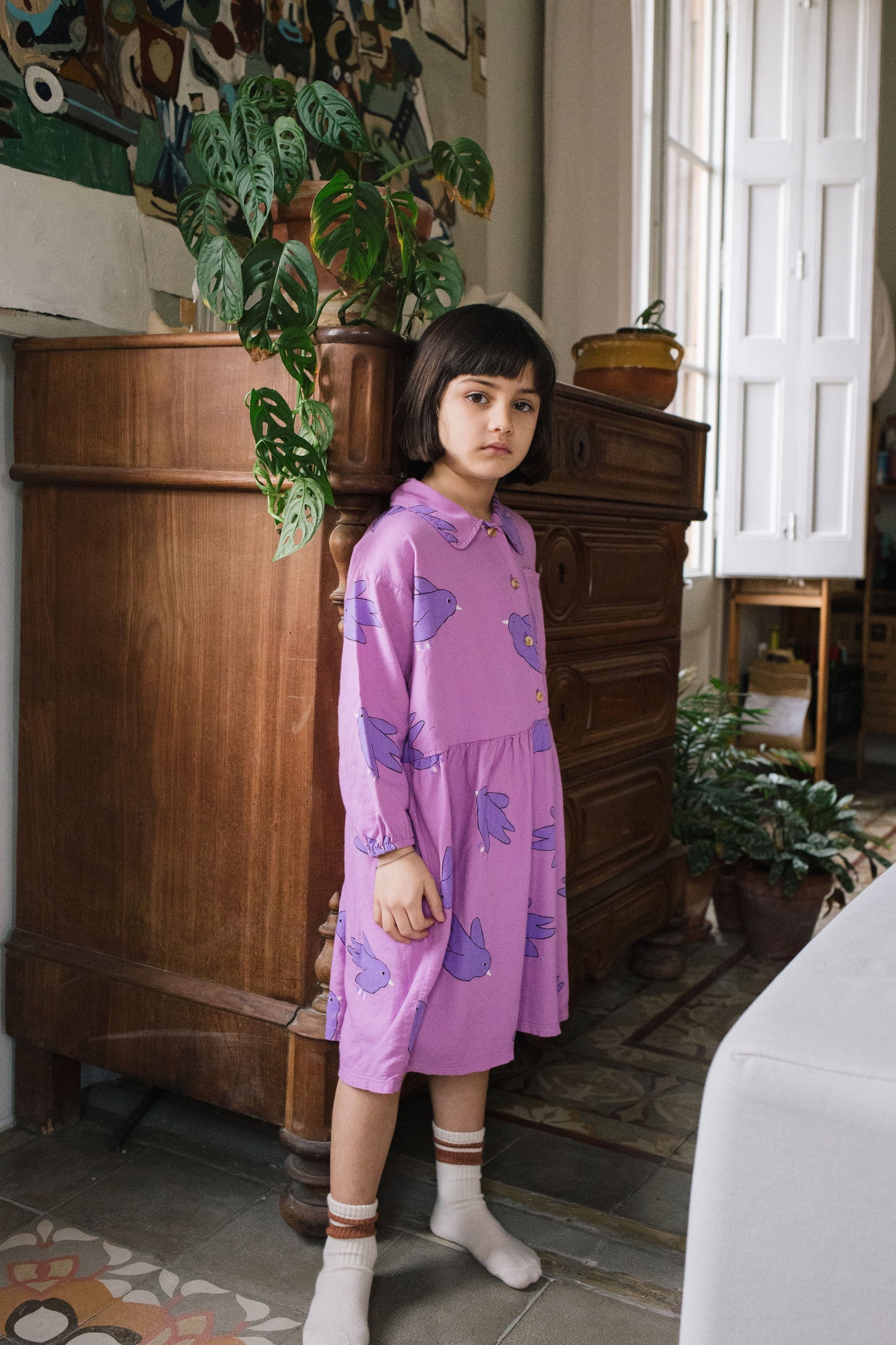 Lotiekids | Woven dress Flowing birds | Fuchsia